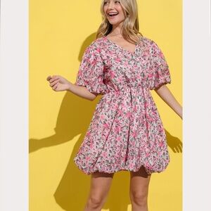 And The Why Floral Surplice Puff Sleeve Dress, Pink